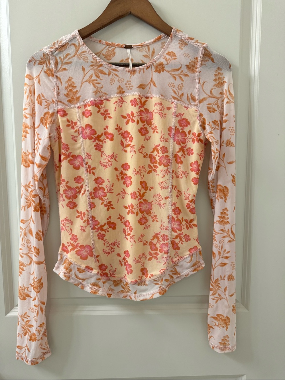 Free People Betty’s Garden Mesh Top Size L Floral Patchwork Long Sleeve Boho